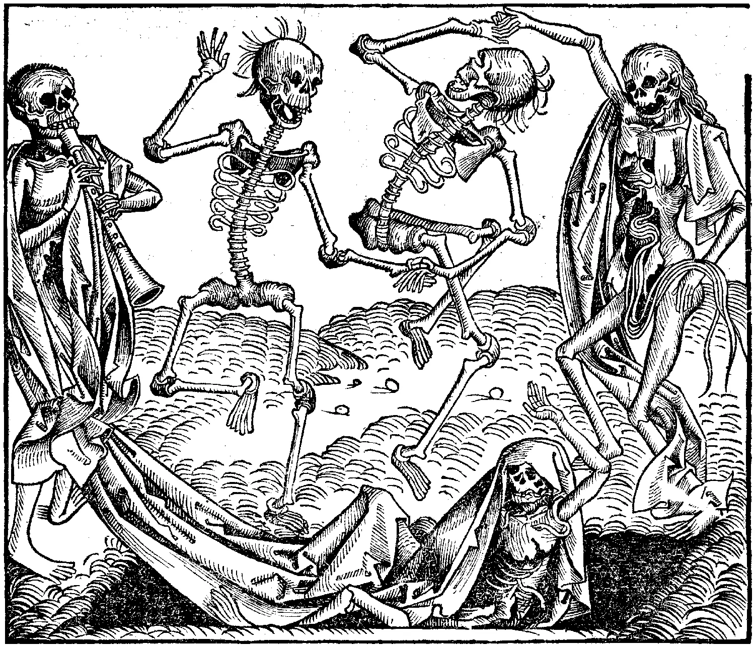 Woodcut print of skeletons playing music and dancing as a skeleton crawls out of the grave.